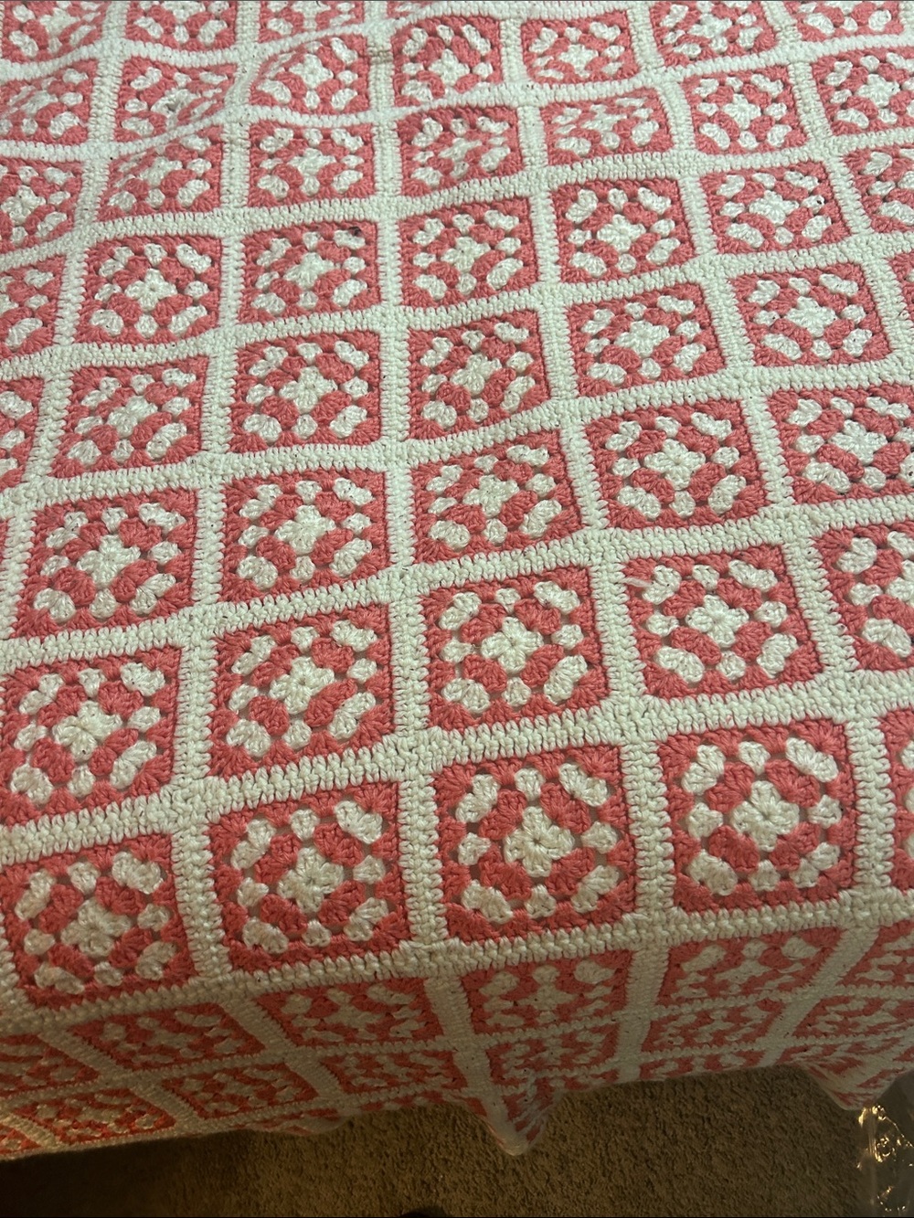 Hand-Crocheted Square Blanket in Coral and Cream